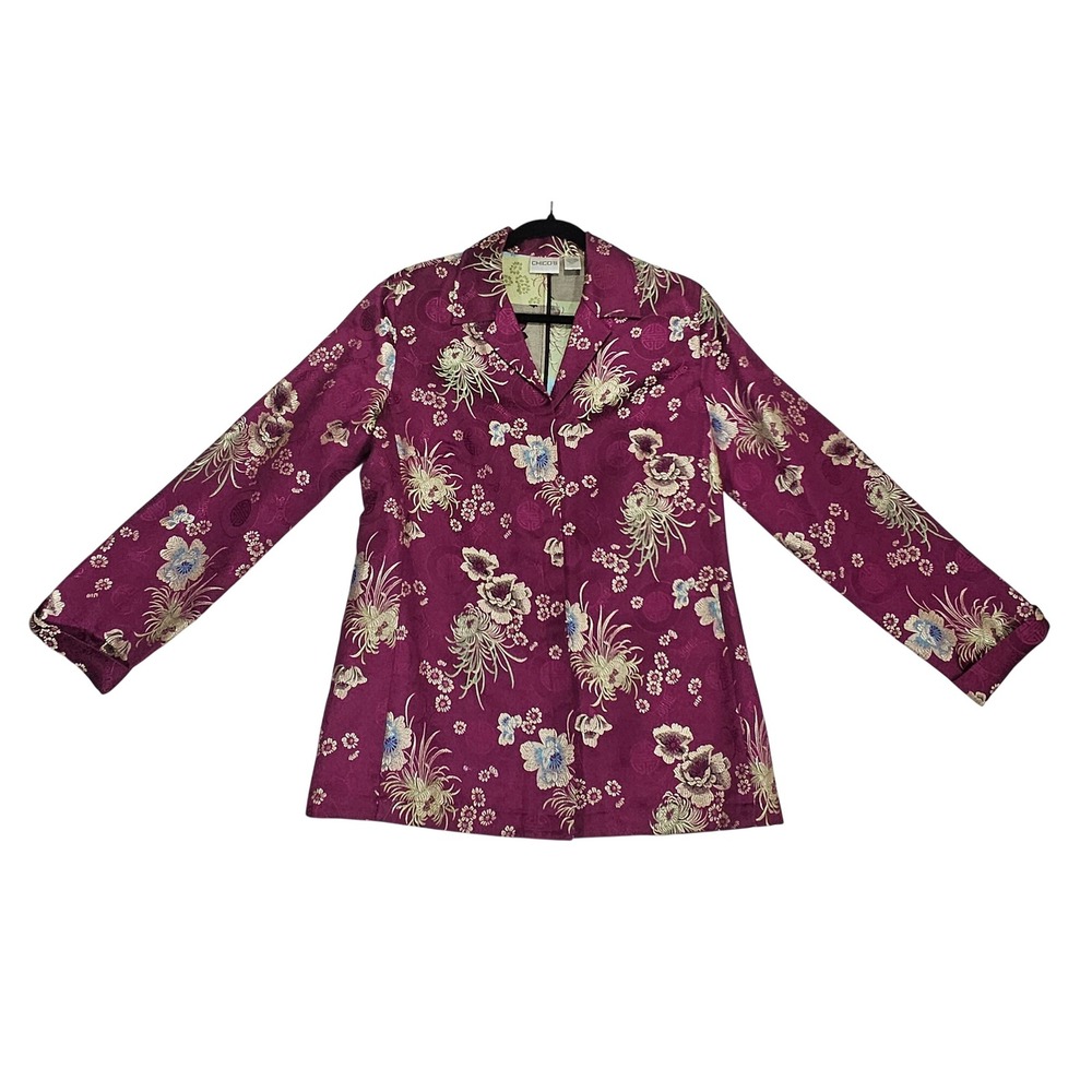 Chico's Asian Blazer Jacket M 8 / 10 1 Floral Jacquard Brocade Purple Pink